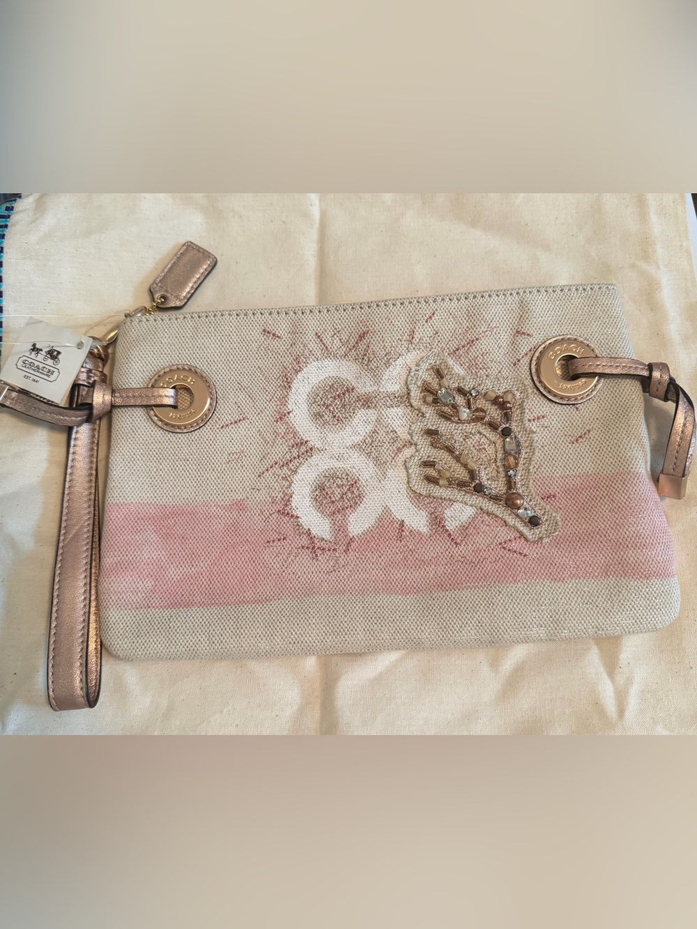 Coach Beige and Pink Canvas Wristlet with Embellished Accent ✨NEW✨